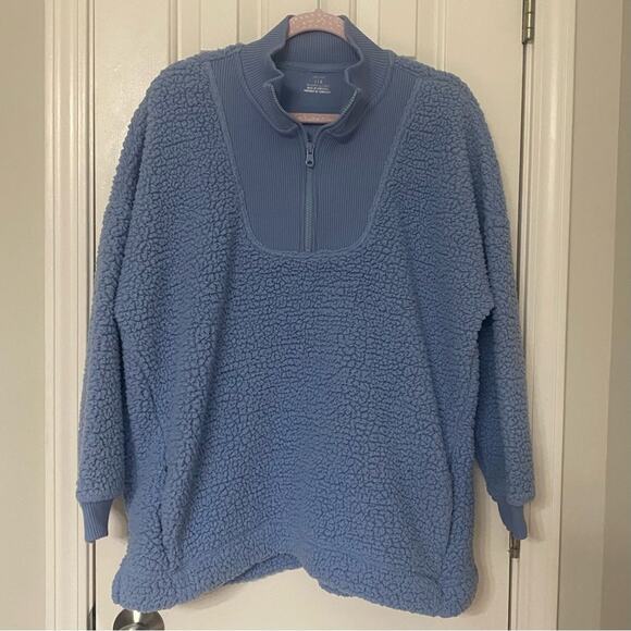 AERIE • Light Blue Teddy Sherpa Quarter Zip Pullover Sweatshirt - Picture 5 of 8
